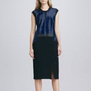 $1195 HELMUT LANG BLUE CALF FUR APPLIQUE WOOL SHEATH DRESS SIZE 6/m